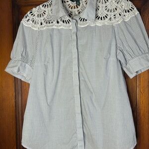 Ralph Lauren White and Blue Striped Lace Button Down Shirt